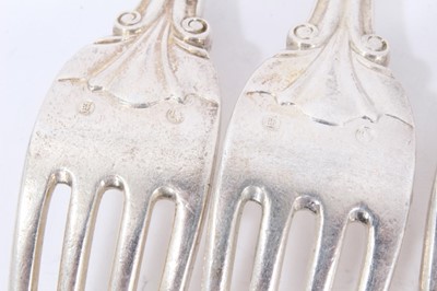Lot 52 - Six mid 19th Century German Silver Dinner Forks, Modified Kings pattern with fluted stems and foliate terminals, from the Royal Prussian Collection, each cast and chased with raised WR monogram wit...