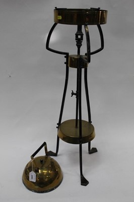 Lot 2396 - Interesting arts and crafts period brass and steel kettle on stand in the style or Christopher dresser