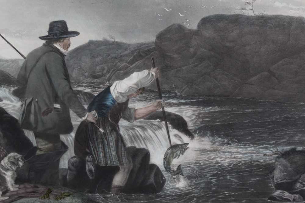 Lot 1048 - Richard Andsell, 19th century hand coloured engraving - Fishing, Gaffing a Salmon, 42cm x 68cm, in glazed frame 
Provenance: Malcolm Innes Gallery, 10th March 1983