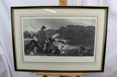 Lot 1048 - Richard Andsell, 19th century hand coloured engraving - Fishing, Gaffing a Salmon, 42cm x 68cm, in glazed frame 
Provenance: Malcolm Innes Gallery, 10th March 1983