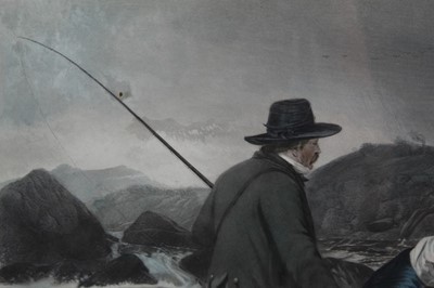 Lot 1048 - Richard Andsell, 19th century hand coloured engraving - Fishing, Gaffing a Salmon, 42cm x 68cm, in glazed frame 
Provenance: Malcolm Innes Gallery, 10th March 1983