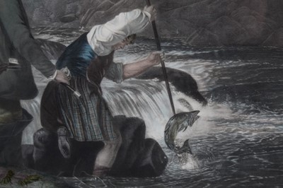 Lot 1048 - Richard Andsell, 19th century hand coloured engraving - Fishing, Gaffing a Salmon, 42cm x 68cm, in glazed frame 
Provenance: Malcolm Innes Gallery, 10th March 1983