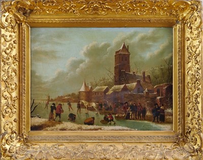 Lot 1115 - Klaes Molenaer (1630-1676), oil on panel, A winter's scene with figures skating and a horse drawn sleigh in the foreground, a village beyond, in gilt frame, 35 x 48cm