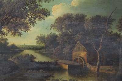 Lot 1116 - 18th century English School, oil on panel, A wooded river landscape with an overshot mill and a fisherman, in gilt frame, 35 x 50cm