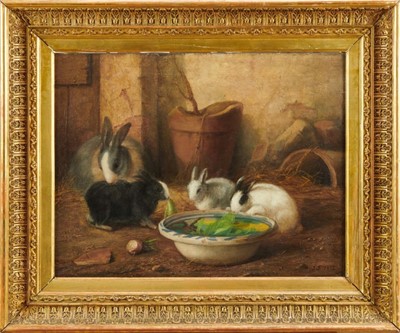 Lot 1117 - 19th Century Spanish School, oil on canvas, A family of rabbits eating lettuce from a bowl, initialled F.F. and dated 1879, in gilt frame, 39 x 50cm