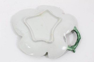 Lot 249 - Worcester leaf-shaped dish, circa 1758-60, polychrome painted with insects, a green edge and handle, and purple veins, 18.5cm long
