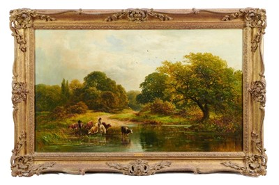 Lot 1118 - George Turner (1843-1910), oil on canvas, An extensive wooded river landscape with cattle and a herdsman in the foreground, signed and dated 1875, in gilt frame, 45 x 76cm