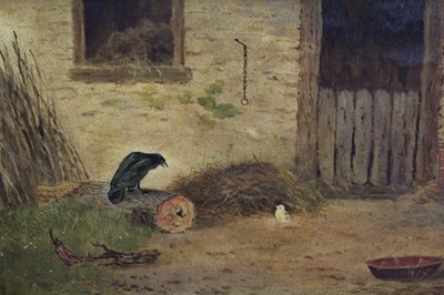 Lot 1120 - 19th century English School, oil on board, A crow and a chick by a barn, 29 x 45cm