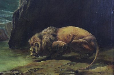 Lot 1169 - F.H. Elliott, a late 19th century oil on canvas, Lion at a Waterhole, in gilt frame, 47 x 60cm