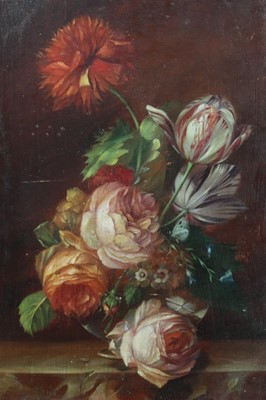 Lot 1158 - Late 18th century French School, oil on panel, A still life of flowers and a butterfly on a marble ledge, unframed, 44 x 30cm