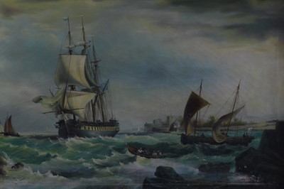 Lot 1165 - Early 20th century English School, oil on canvas, A Man o' War and other shipping off the coast, bears indistinct signature, in gilt frame, 60 x 90cm