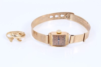 Lot 135 - Vintage 18ct gold cased Ancre ladies wristwatch on 9ct gold bangle, together with 14ct gold dolphin crossover ring