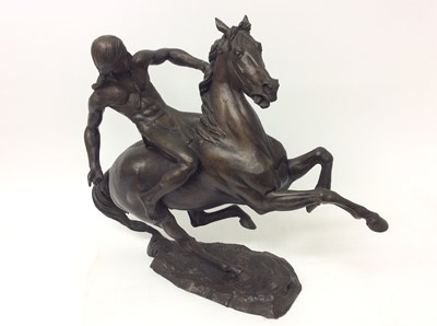 Lot 903 - Bernard Winskill (d. 1980) bronze figure of an Indian Brave, signed, total length approximately 52cm, together with a certificate from the artist confirming the sale of the sculpture in August 1973...