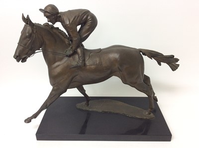 Lot 904 - Bernard Winskill (d. 1980) bronze figure of Grundy with Pat Eddery up, signed and titled 'Grundy'[ to base, on black marble plinth, approximately 61cm long