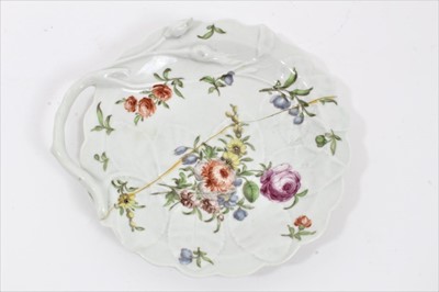 Lot 250 - Worcester 'Blind Earl' sweetmeat dish, circa 1760, polychrome painted with floral sprays, 16cm long