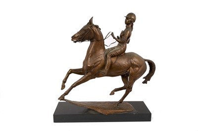 Lot 968 - Bernard Winskill (d. 1980) very large bronze figure of Princess Anne, riding her horse Doublet, signed and numbered IV, approximately 59cm long, on black marble plinth, accompanied by a certificate...