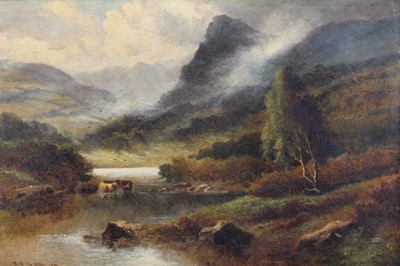 Lot 1155 - Francis E. Jamieson, oil on canvas, An extensive mountainous river scene with cattle watering, signed, in gilt frame, 50 x 65cm