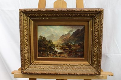 Lot 1153 - Murray MacDonald F.L. (1889-1910), oil on canvas, A view of Lochgoilhead with a landing stage and dinghy, mountains beyond,signed and dated 1889, also inscribed verso, in gilt frame, 18 x 26cm