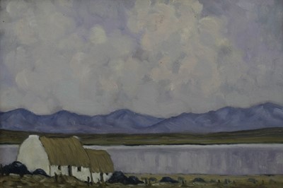 Lot 1151 - Manner of Paul Henry (1876-1958, oil on board, Cottages at Connemara, in gilt frame, 225 x 35cm