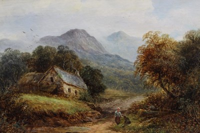 Lot 1150 - William E. Ellis (1869-1923), oil on canvas laid on board, A mountainous scene in Wales with figures by a cottage, signed, 22 x 33cm