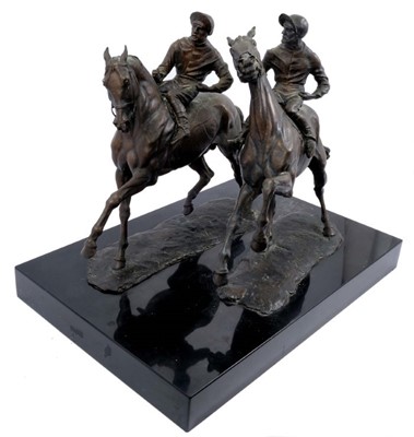 Lot 908 - Bernard Winskill (d. 1980) very large bronze figure of two racehorses with jockeys up at the start of a race