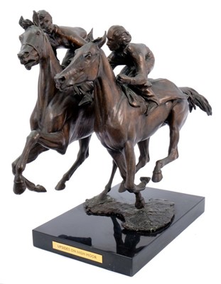 Lot 912 - Bernard Winskill (d. 1980) large bronze figural group titled 'Upsides on High Moor', signed and titled to plaque on black marble plinth base, total length 50cm, together with certificate from the a...