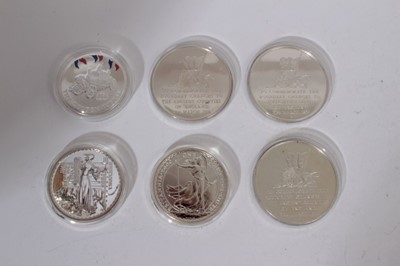 Lot 393 - World Mixed Silver coins and medallions to include G.B. 1oz Britannia 2 Pounds 2000, 2001, The