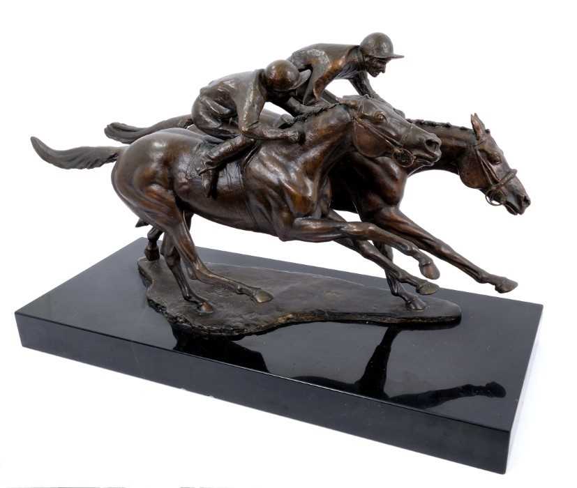 Lot 917 - Bernard Winskill (d. 1980) very large bronze figural group depicting Charlottown and Pretendre in the finish of the 1966 Derby