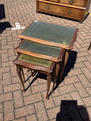 Lot 128 - Two reproduction nest of tables, arts & crafts elbow chair and a painted chest of four drawers