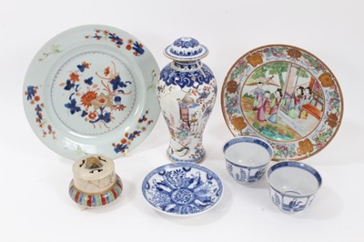 Lot 259 - Small collection of Chinese porcelain, including an 18th century Mandarin vase and cover, an 18th century Imari plate, a 19th century Canton plate, two 20th century tea bowls and saucer, and a Japa...
