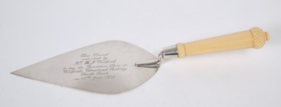 Lot 497 - 1930s silver presentation trowel, with turned ivory handle and engraved inscription