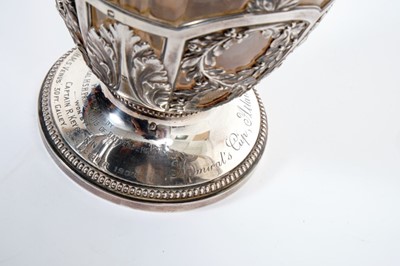Lot 17 - Fine quality French silver mounted and cut glass claret jug with engraved presentation inscription to the foot ' Presented by Vice Admiral H.S.H. Prince Louis of Battenburg won by Captain R. Keyes...