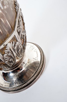 Lot 17 - Fine quality French silver mounted and cut glass claret jug with engraved presentation inscription to the foot ' Presented by Vice Admiral H.S.H. Prince Louis of Battenburg won by Captain R. Keyes...