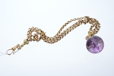 Lot 647 - Victorian yellow metal three strand watch chain with amethyst sphere fob