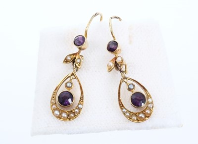 Lot 650 - Pair Edwardian gold seed pearl and amethyst drop earrings