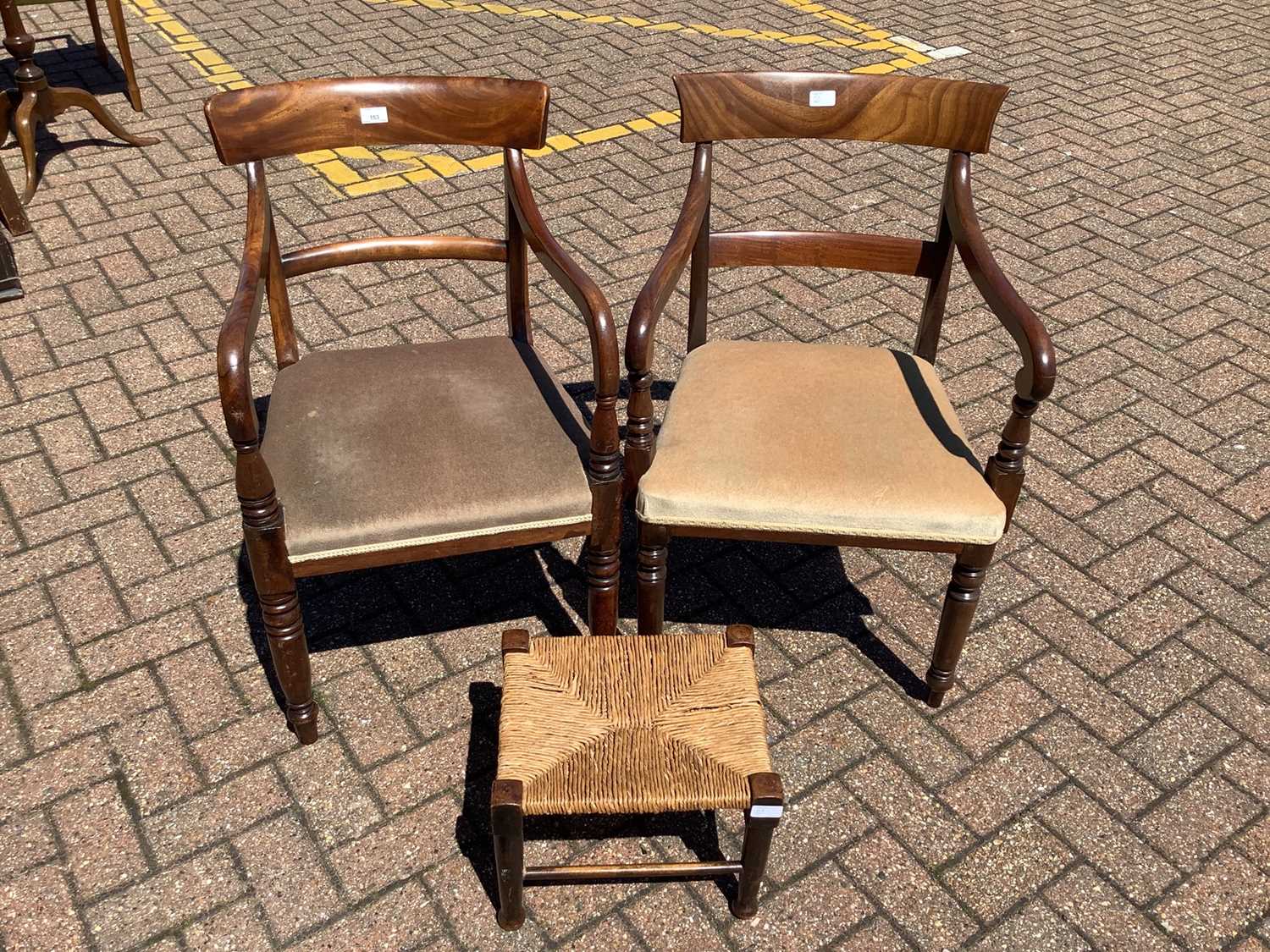 Lot 153 - Pair of 19th century mahogany bar back elbow chairs on turned front legs and a rush seated stool (3)