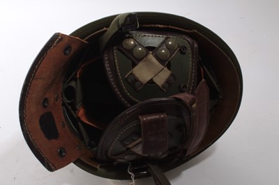 Lot 810 - Israeli MIC - style paratrooper helmet with three point harness and liner, circa 1970s, together with Israeli armoured vehicle crewman's helmet with liner (2)