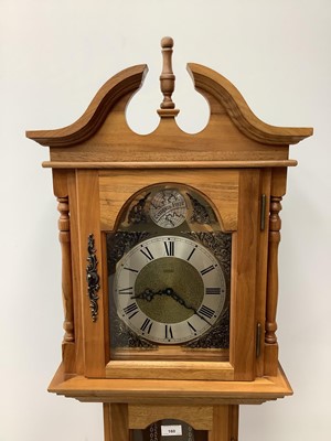 Lot 160 - Reproduction longcase clock in hardwood case with three brass weights and pendulum, 190cm high
