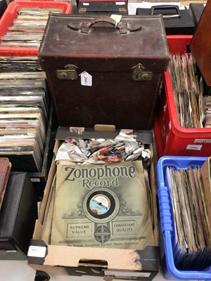 Lot 2099 - Unusual leather cased Bestone portable gramophone and records