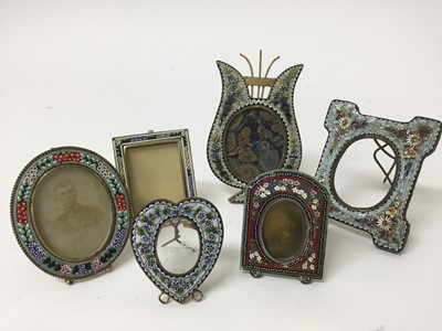 Lot 889 - Collection of six miniature micro mosaic photo frames, the largest in the form of a lyre, 10cm high