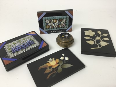 Lot 893 - Small Continental pietra dura inlaid trinket box, 5cm diameter, together with pietra dura paperweight, two micro mosaic paperweights and a mother of pearl inlaid paperweight