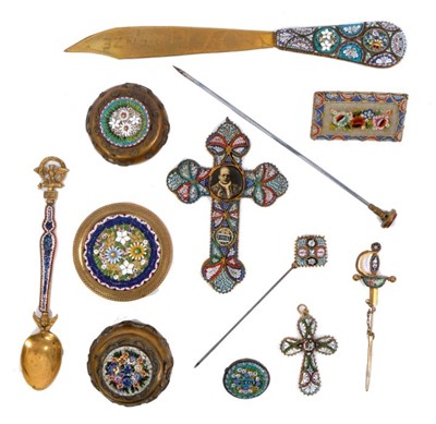 Lot 894 - Collection of late 19th / 20th century Italian micro mosaic items, including a paper knife, 20cm long, cross with glazed reserve housing portrait of a pope, three lidded boxes, hat pins, spoon, oth...