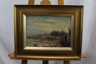 Lot 183 - Pair of 19th century English School oils on board - Coastal Landscpaes, indistinctly signed and dated, 20cm x 29cm, in gilt frames