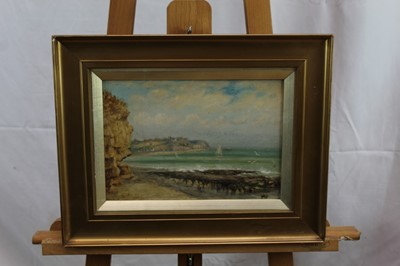 Lot 183 - Pair of 19th century English School oils on board - Coastal Landscpaes, indistinctly signed and dated, 20cm x 29cm, in gilt frames