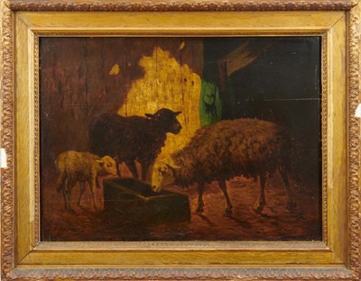 Lot 1124 - Louis Marie Dominique Robbe (1806-1887) oil on panel - sheep in a barn, signed, 41cm x 56cm, in gilt frame