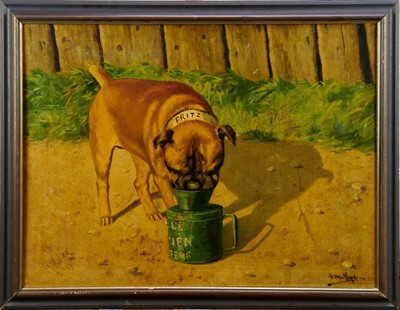 Lot 1125 - Hans Mathys (1882-1944) oil on canvas - a Bull Mastiff 'Fritz' playing with a tin can, signed, 59cm x 79cm, framed