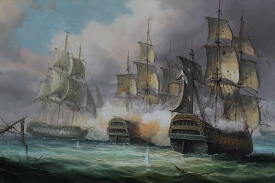 Lot 1129 - James Hardy, 20th century, oil on canvas laid on panel - An Extensive Sea Battle, signed, 48cm x 64cm, in gilt frame