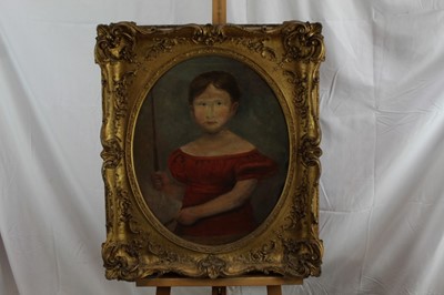Lot 34 - English School, early 19th century, oval oil on canvas - portrait of a child, 56cm x 46cm, in good gilt frame