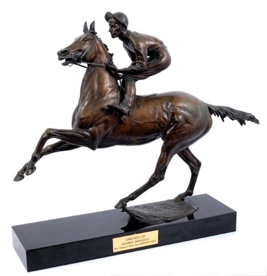 Lot 919 - Bernard Winskill (d. 1980) large bronze sculpture depicting Lester Piggott on Lorenzaccio, winner of the 1970 Champion Stakes, signed and numbered III (of VII?) and dated 1971