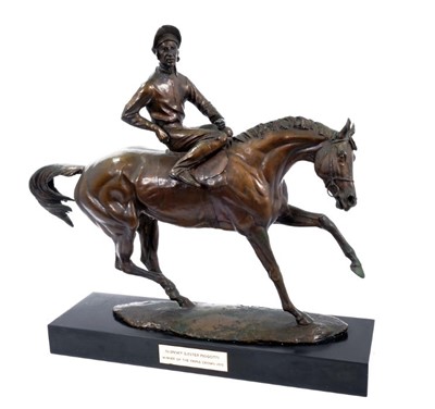 Lot 921 - Bernard Winskill (d. 1980) large bronze sculpture depicting Lester Piggott on Nijinski, winner of the Triple Crown, 1970, signed and marked A/C, approximately 61cm long